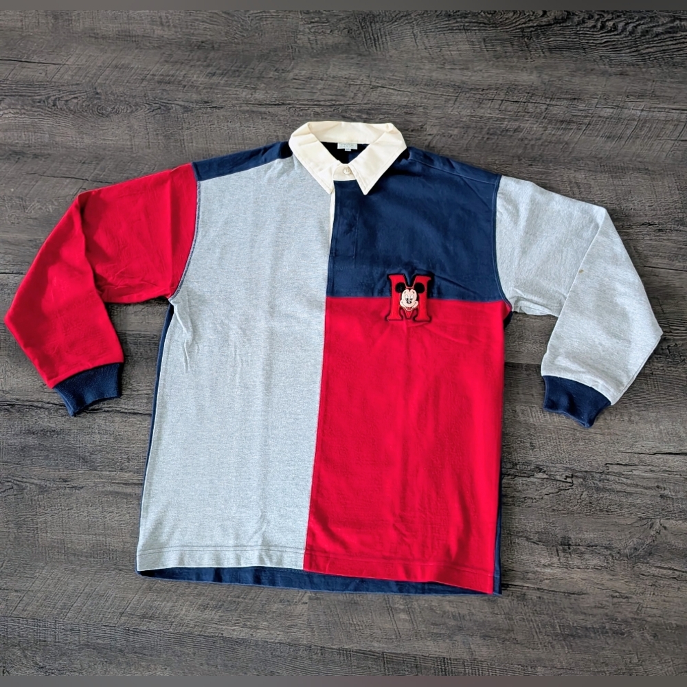 Mickey Mouse Colorblock Vintage 80’s Long Sleeve Polo Made In Italy Size Medium